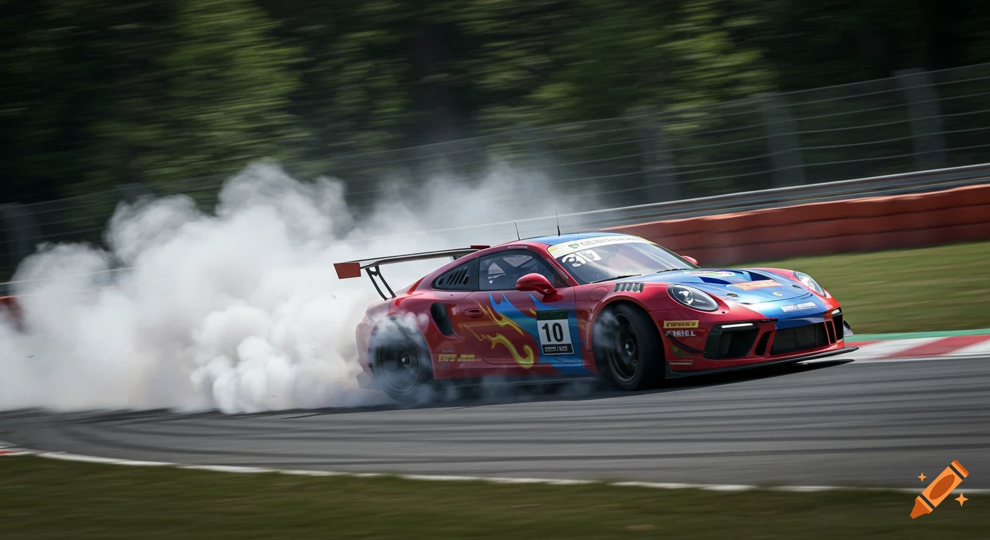 A red and blue GT3 race car with a large rear wing drifts around a corner on a track, kicking up white smoke. Trees blur in the background.