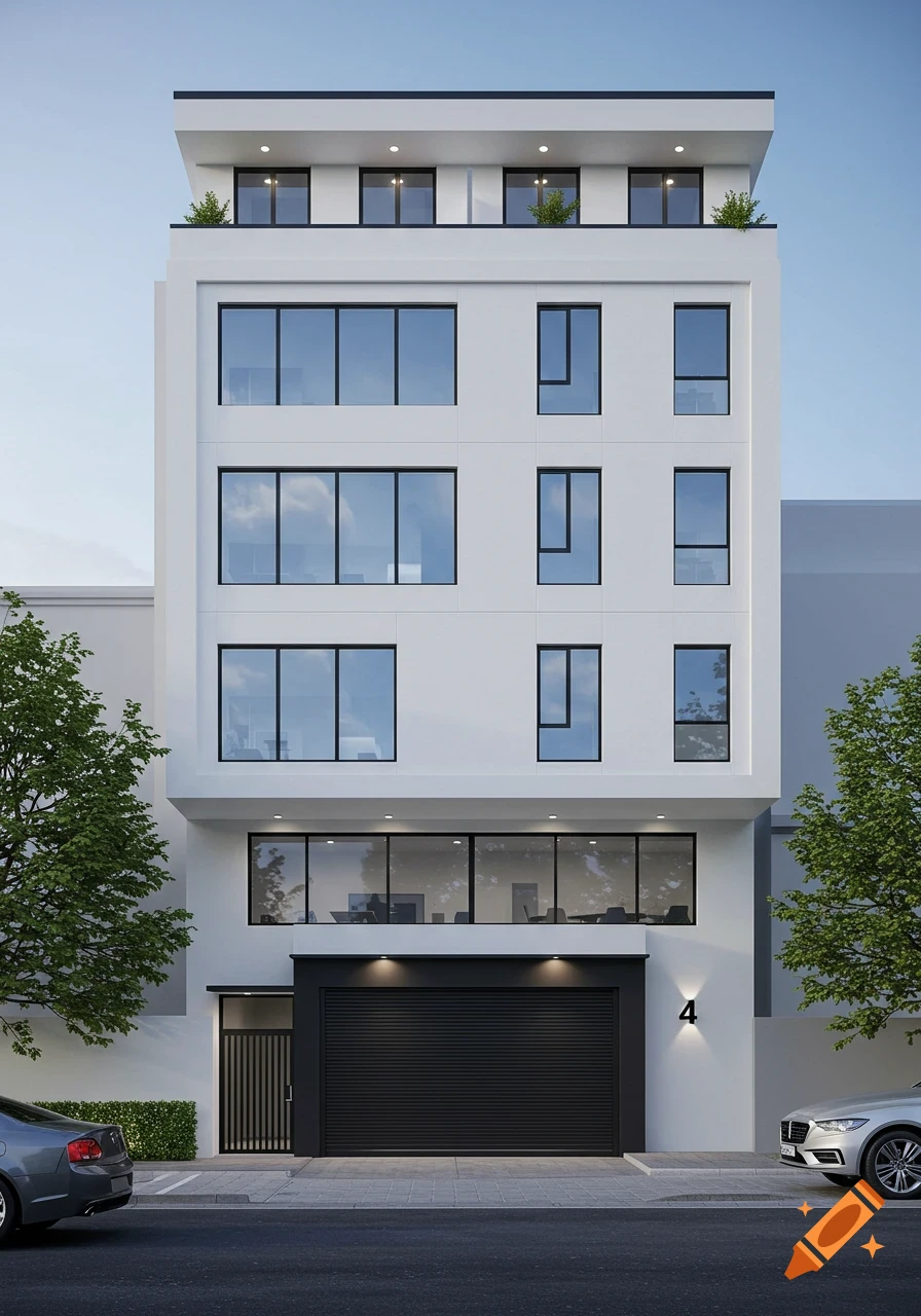 A modern, white five-story building with large black-framed windows, a black garage door, and a single digit '4' on the facade.
