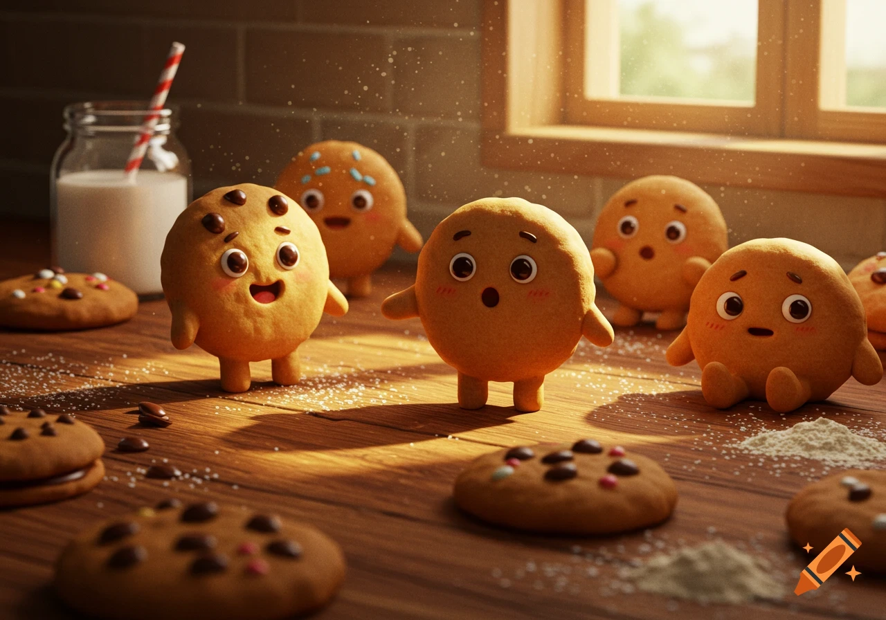 Cute anthropomorphic cookies with expressive faces on a wooden table with milk and chocolate chips.