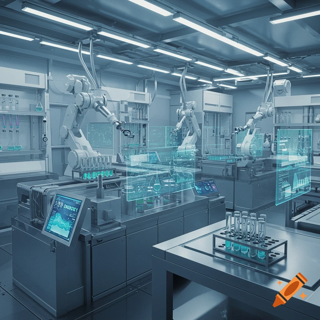 A futuristic laboratory with multiple robotic arms, holographic displays showing data, and test tubes filled with a turquoise liquid.