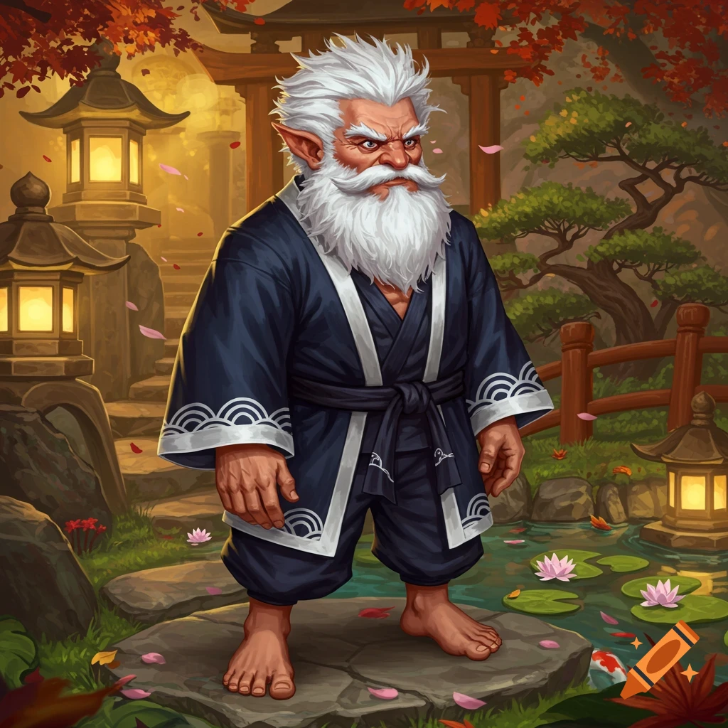 A barefoot, white-bearded halfling man in a navy gi stands in an autumnal Japanese garden with stone lanterns and lily pads.