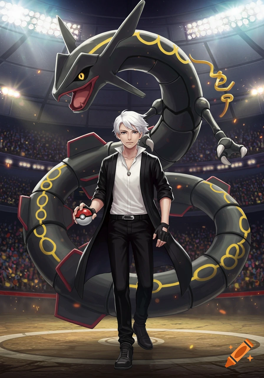 Anime style image of a male Pokemon trainer holding a Pokeball with a black Rayquaza behind him in a stadium.