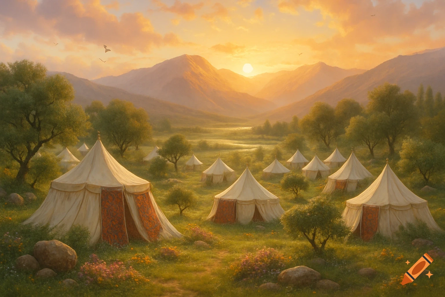 Numerous canvas tents in a lush green valley with trees, against a backdrop of mountains under a golden sunset, painterly.