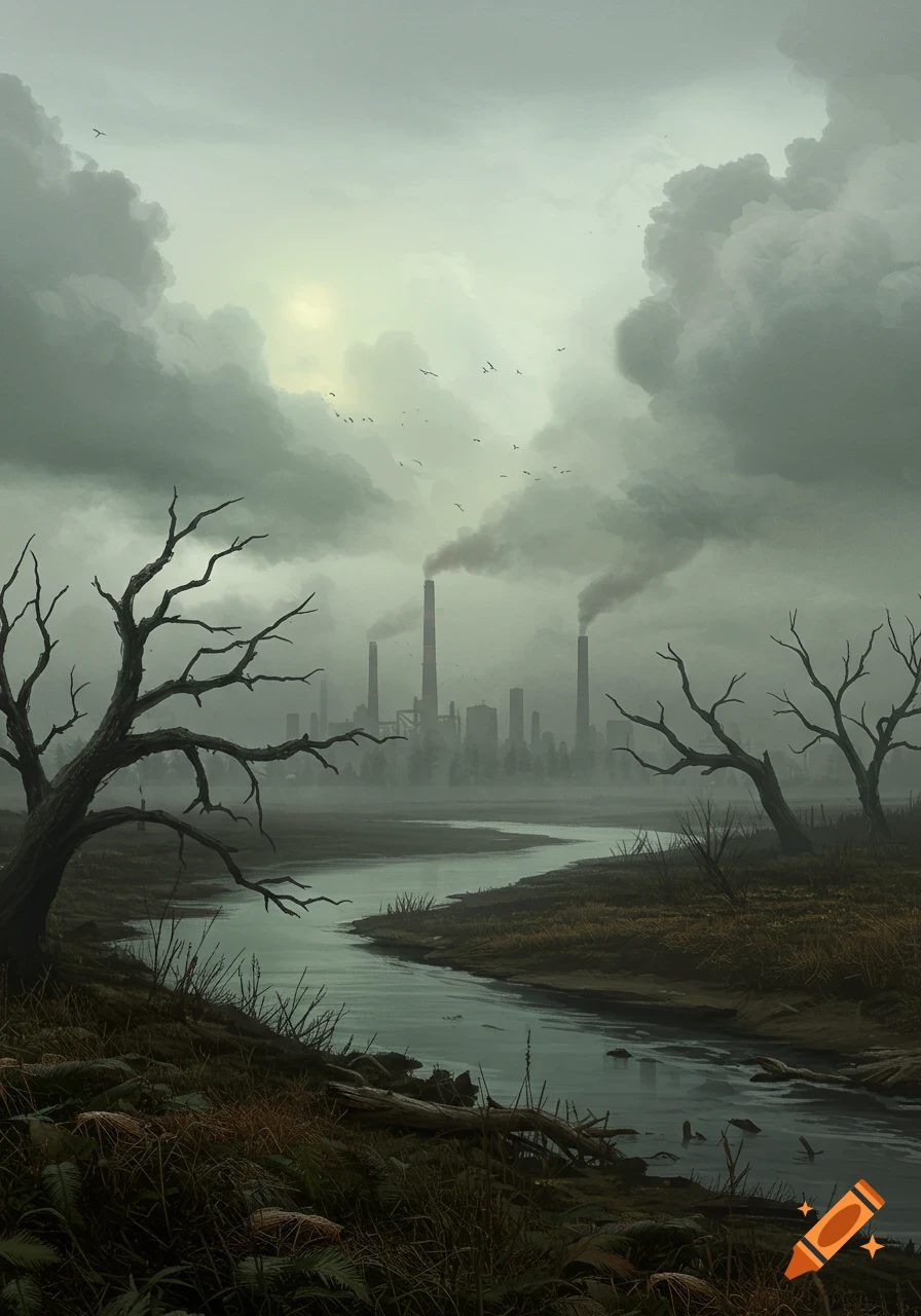 A grim, polluted industrial landscape with a winding river, bare trees, and smoking factory chimneys under a cloudy sky.