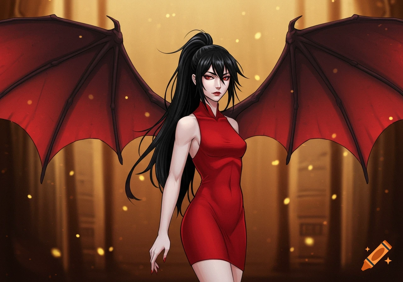 Anime woman with black hair in a high ponytail, red eyes, red sleeveless dress, and large red bat wings, standing against a glowing golden background.