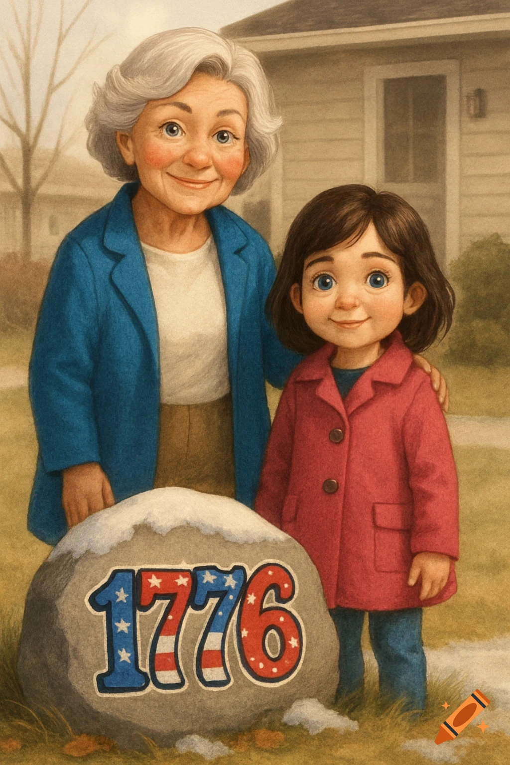 Cartoon of a smiling grandmother and girl next to a snow-dusted rock with '1776' painted on it.