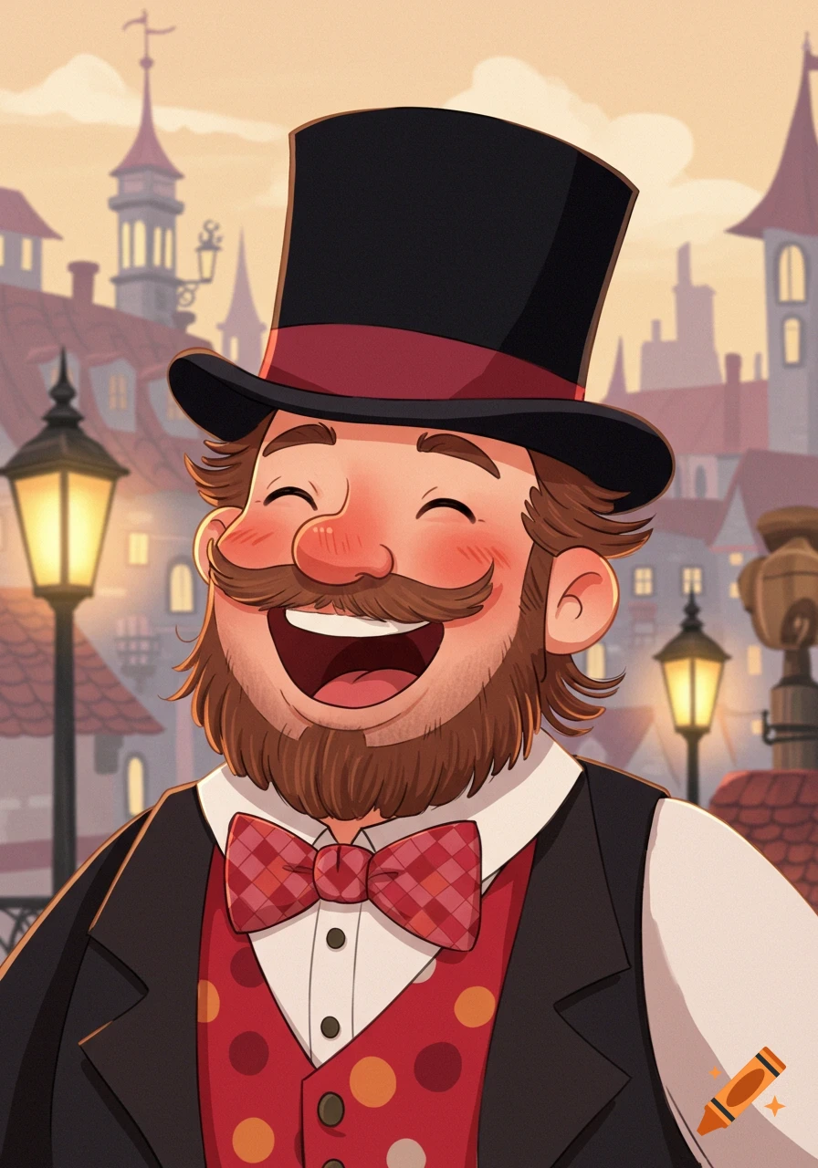 A jovial cartoon man in a top hat and polka dot vest laughs heartily against a whimsical cityscape background.