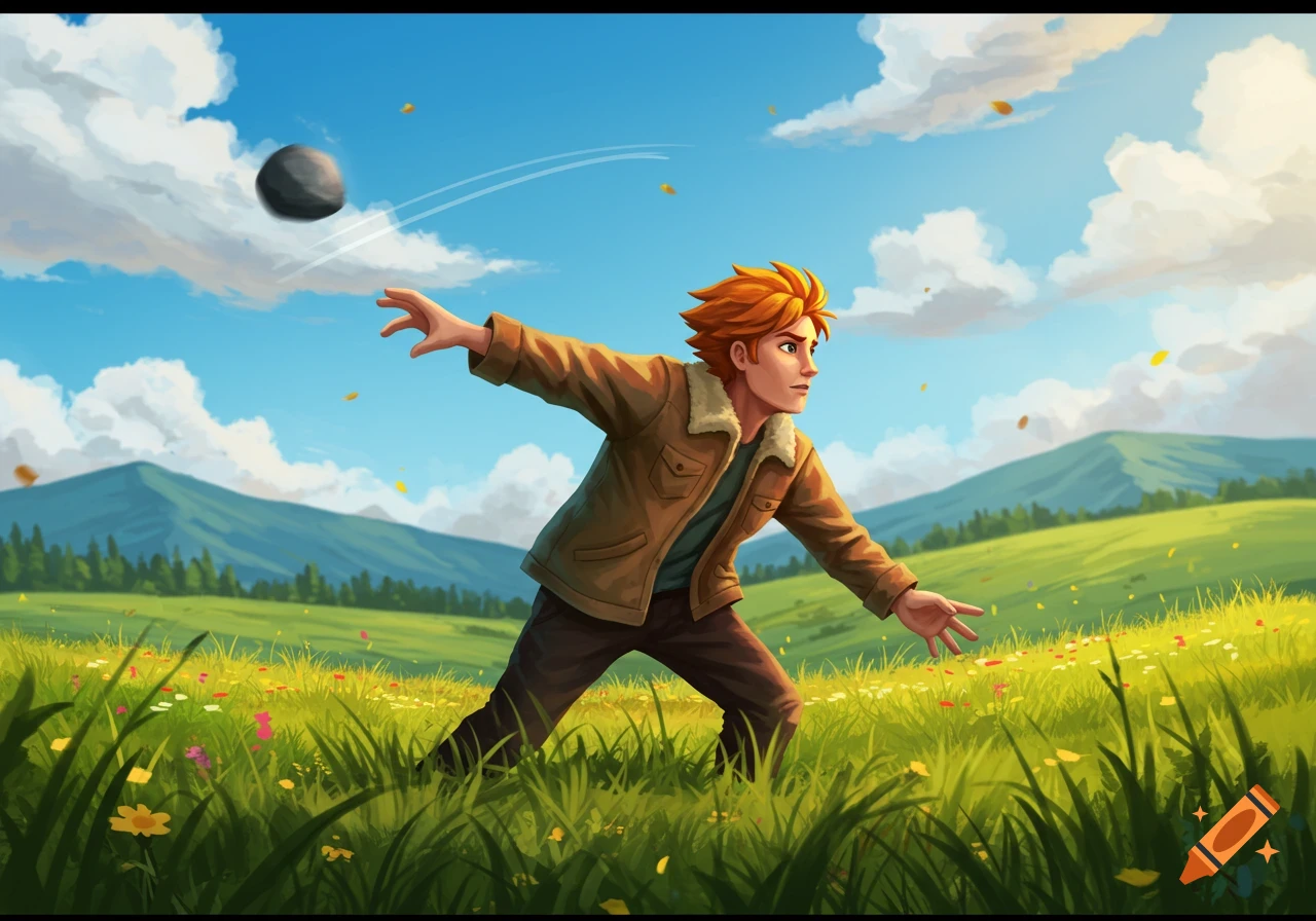 Animated man with orange hair in a brown jacket throws a rock in a vibrant green meadow with mountains under a blue sky.