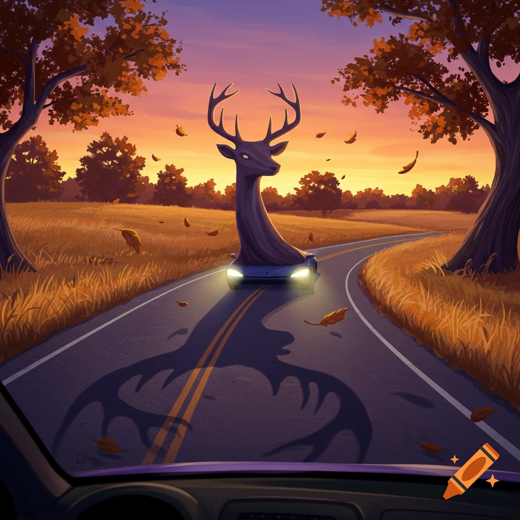 Surreal autumn illustration: a car with a deer-shaped trunk drives on a road at sunset, viewed from another vehicle.