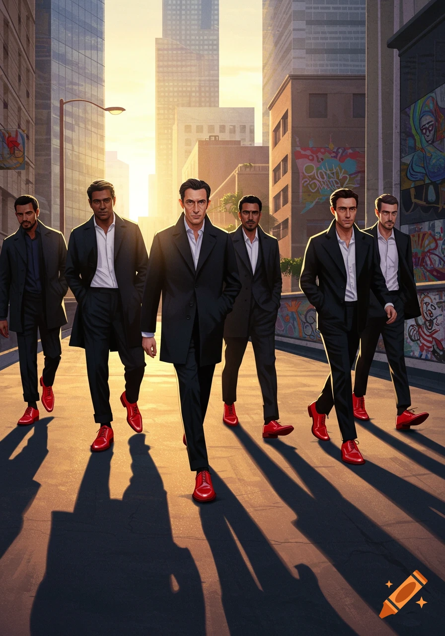 Six men in black suits and bright red shoes walk down a stylized city street at sunset, passing graffiti walls and tall buildings.
