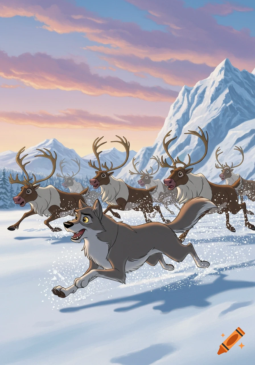 Animated grey wolf running in front of a caribou stampede through a snowy mountain landscape at sunset.