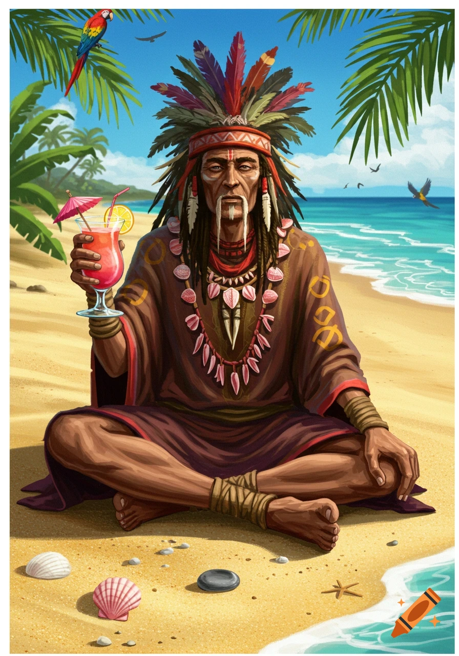 Digital illustration of a man in a feathered headdress sitting cross-legged on a tropical beach, holding a cocktail.