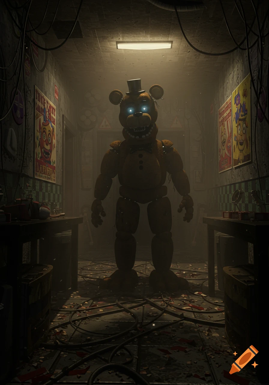 A menacing animatronic bear with glowing eyes and a top hat stands in a dark, cluttered industrial room, wires strewn on the floor.