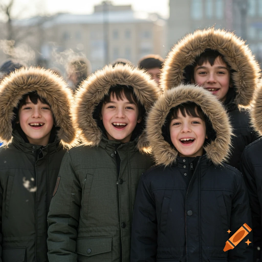A group of smiling young boys in fur-lined hooded winter coats, backlit by sunlight outdoors.