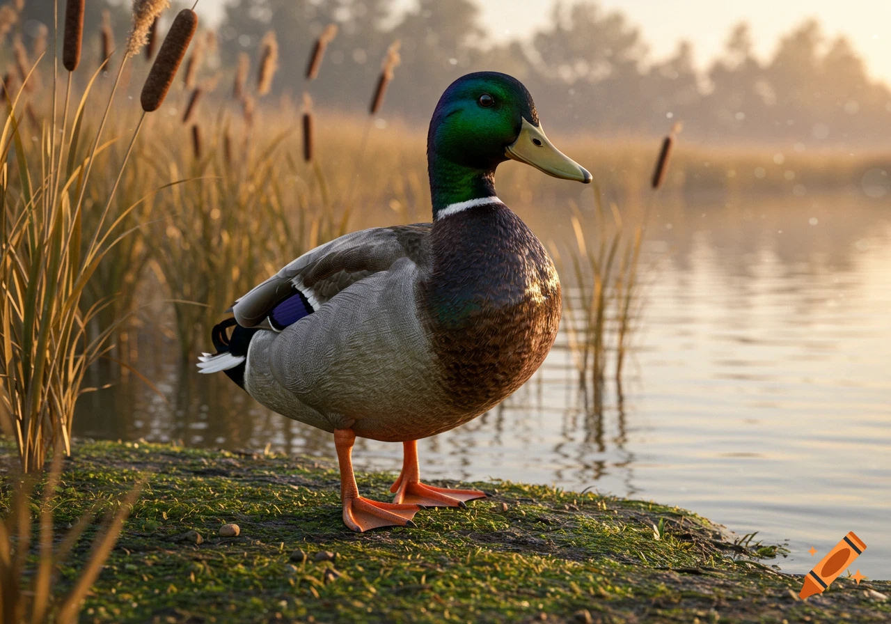 A photorealistic mallard duck stands on grassy ground by a pond, surrounded by tall reeds and cattails at sunset.