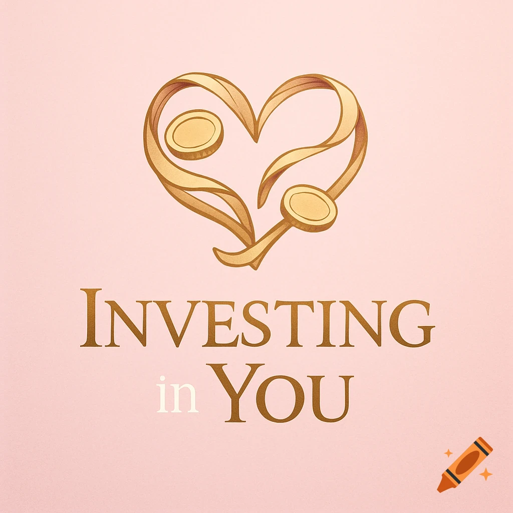 A golden heart logo with ribbons and coins above the text 'Investing in You' on a pink background.