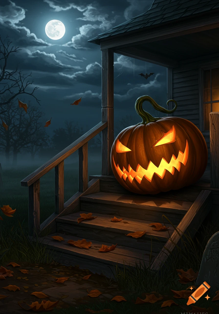 A glowing jack-o'-lantern sits on dark porch steps under a full moon and cloudy night sky, with autumn leaves scattered.