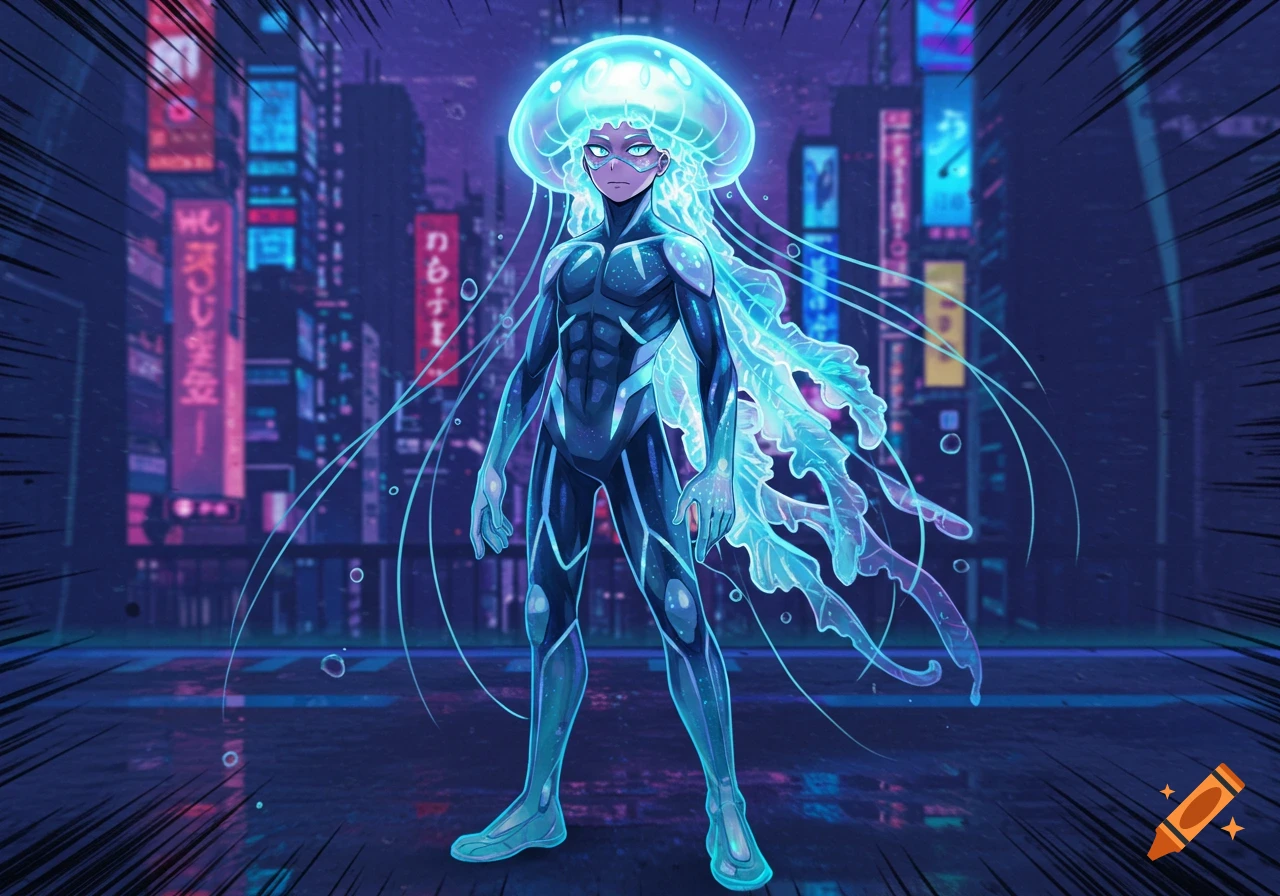 Anime-style jellyfish superhero with glowing head and tentacles stands in a neon cyberpunk city.