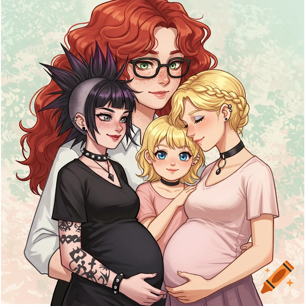 Shoujo anime style illustration of a family of four women, including two pregnant women and a child, embracing.