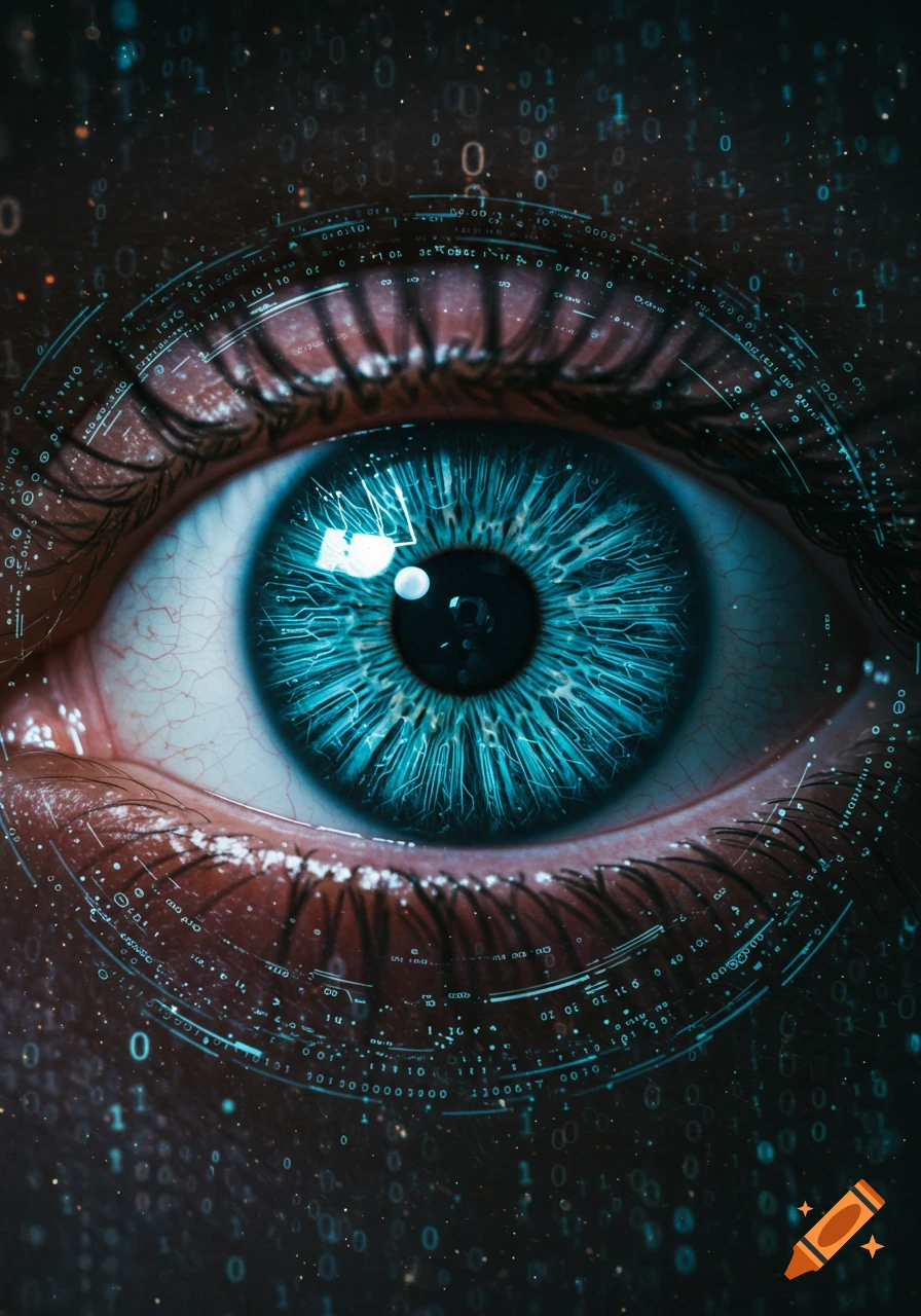 Close-up of a vibrant blue human eye with digital circuit-like patterns overlaying the iris and binary code floating in the dark background, creating a futuristic, high-tech aesthetic.