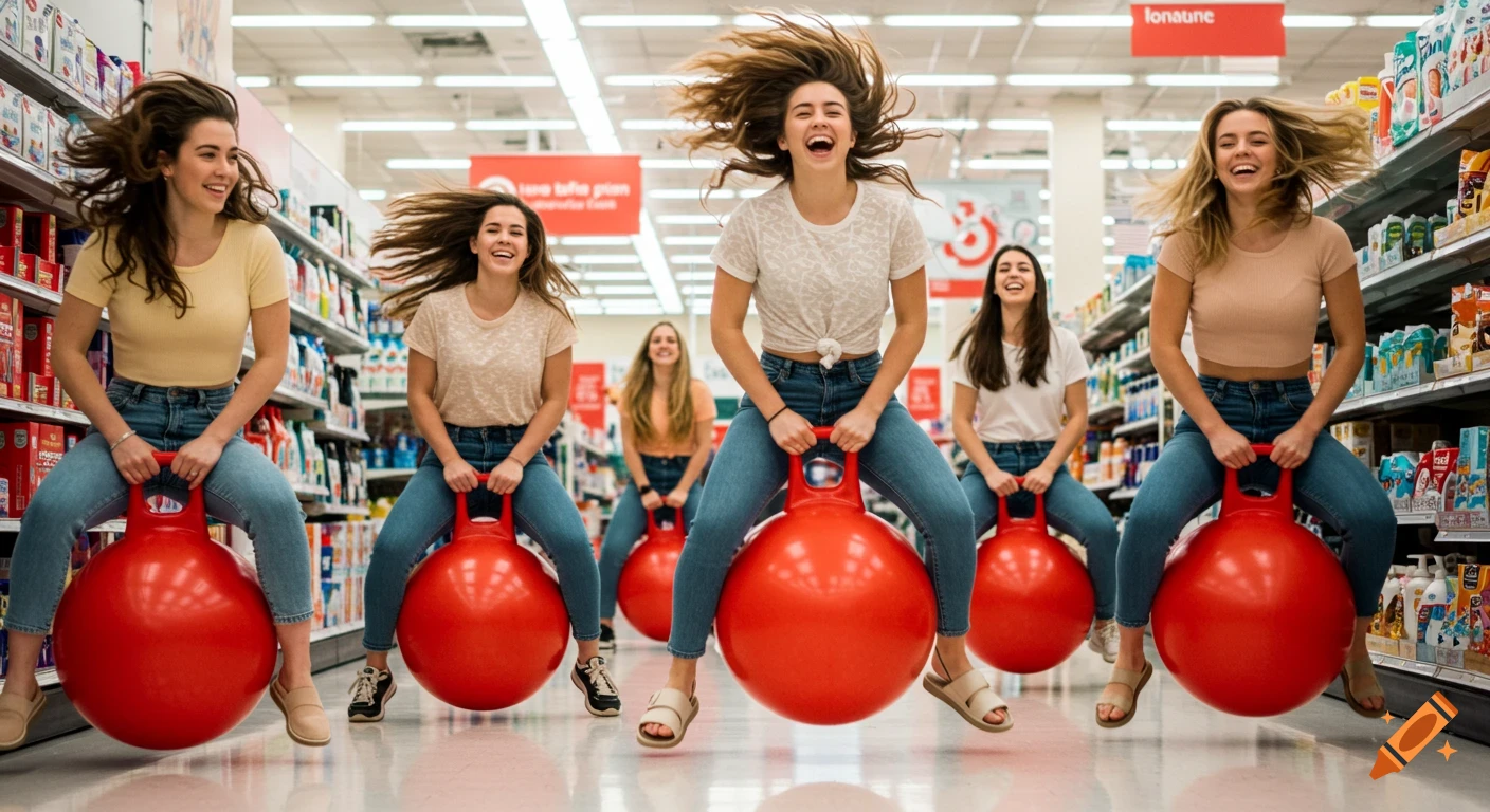 Six smiling young women in jeans bounce on red hopper balls down a grocery store aisle, hair flying.