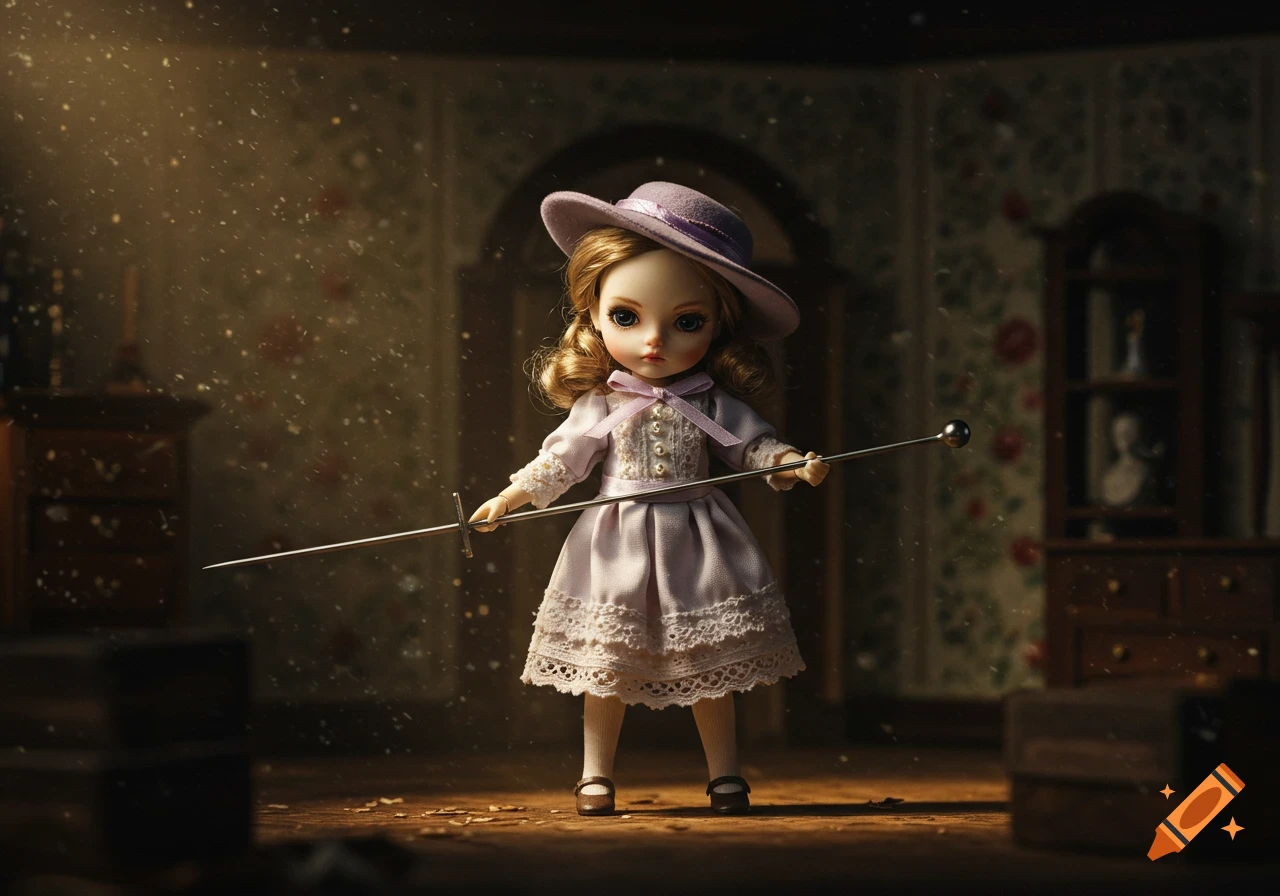 A photorealistic image of a vintage doll in a purple dress and hat, holding a long pin or sword in a dusty, dimly lit room.