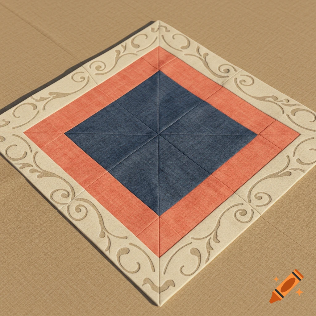 A quilt block with a dark blue center, coral inner border, and cream outer border with scrollwork, on a beige surface.