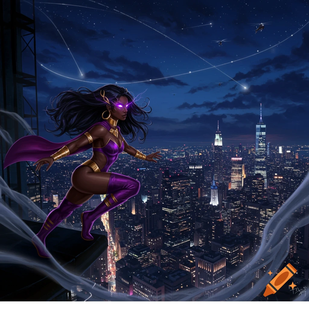 A dark-skinned superheroine in a purple and gold outfit with glowing purple eyes, leaping from a skyscraper at night over a city skyline.