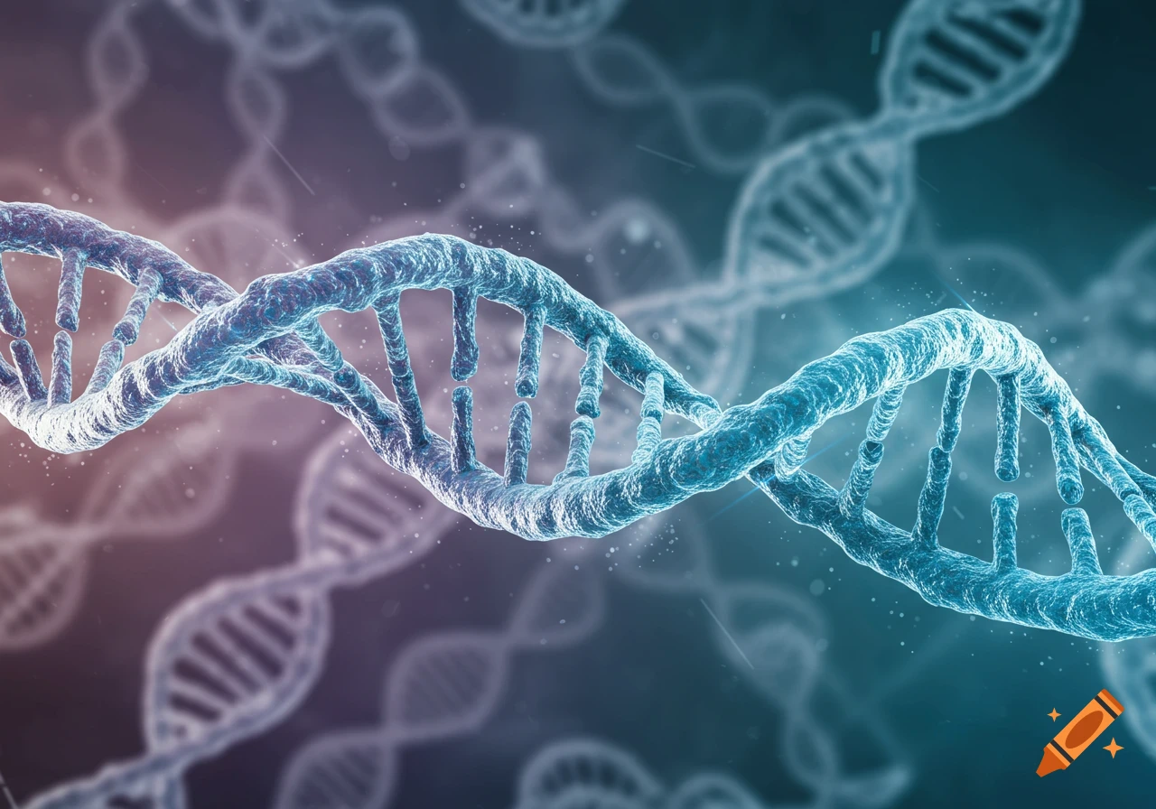A close-up of intertwining DNA double helix strands in glowing blue and purple hues, with blurred background strands.