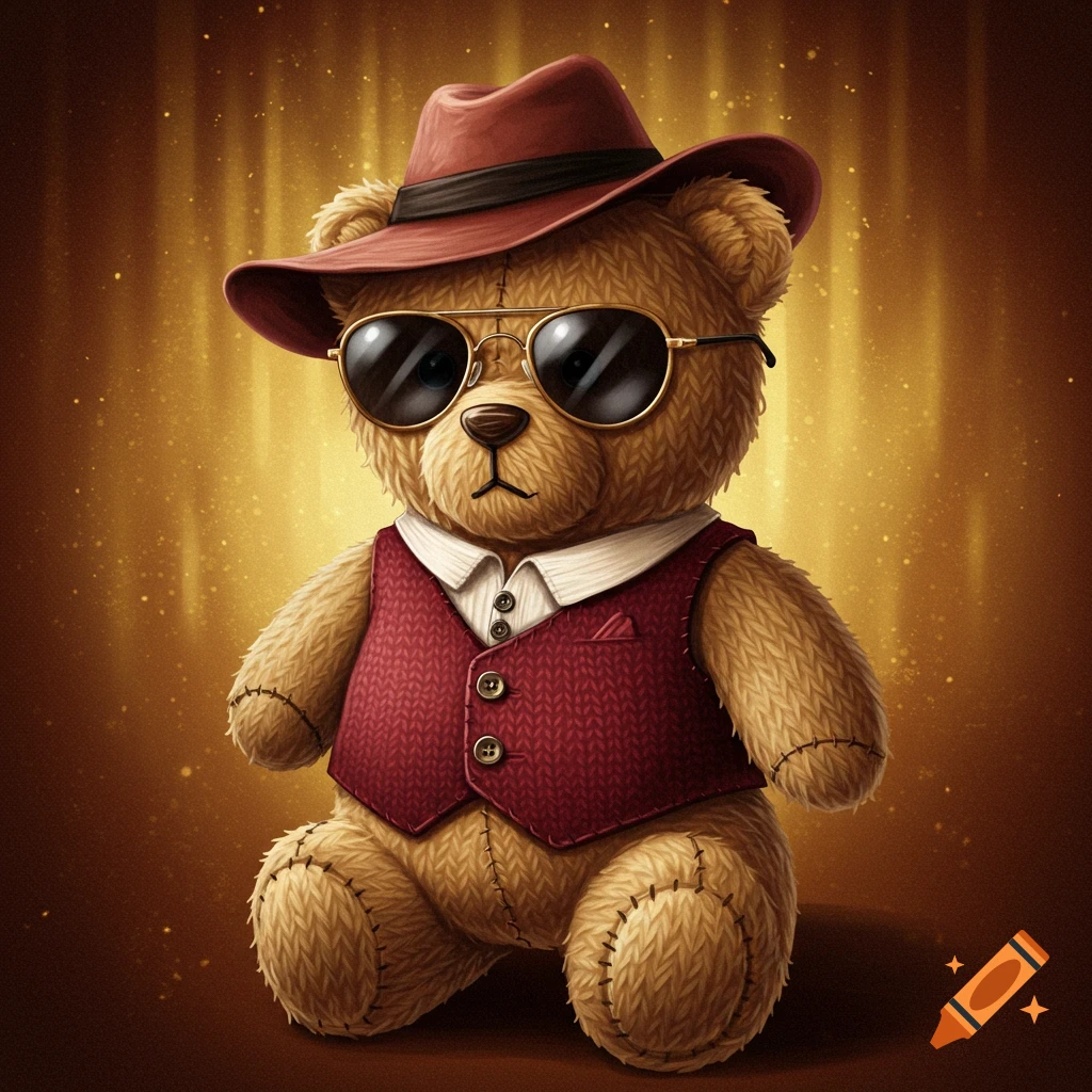 A brown teddy bear made of thread and wool, wearing a red fedora, sunglasses, and a red vest, against a warm, sparkling golden background.