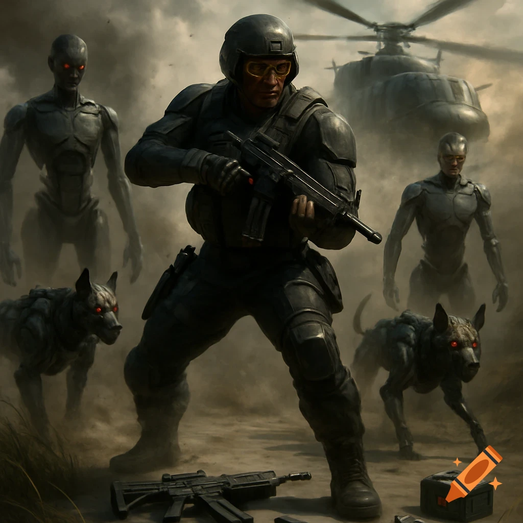 A tan-skinned elite soldier in futuristic armor and gold aviator glasses holds a machine gun, flanked by glowing-eyed robots and mechanical dogs, with a helicopter in a dusty, smoky battlefield.