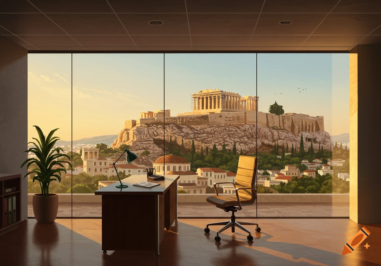 An office room with a large window looking out onto the Acropolis and the city of Athens, bathed in golden hour light.