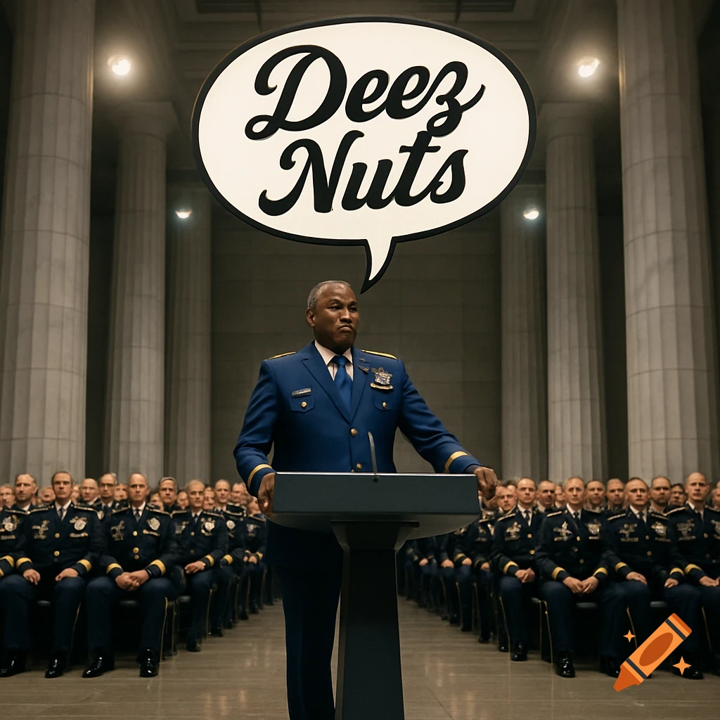 Photorealistic image of a military general speaking at a podium, with a 'Deez Nuts' speech bubble, in a grand hall.