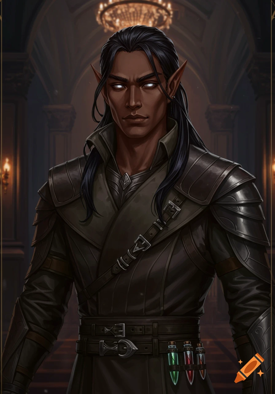 Dark-skinned male elf with long black hair and glowing silver eyes in a dark fantasy outfit stands in an ornate hall.