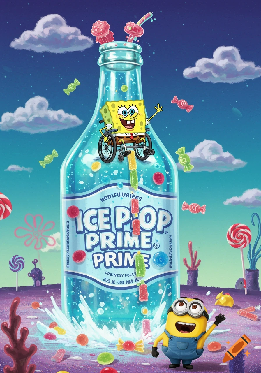 Spongebob in a wheelchair on a giant soda bottle, filled with candy. A Minion looks up in a whimsical, cartoon world.