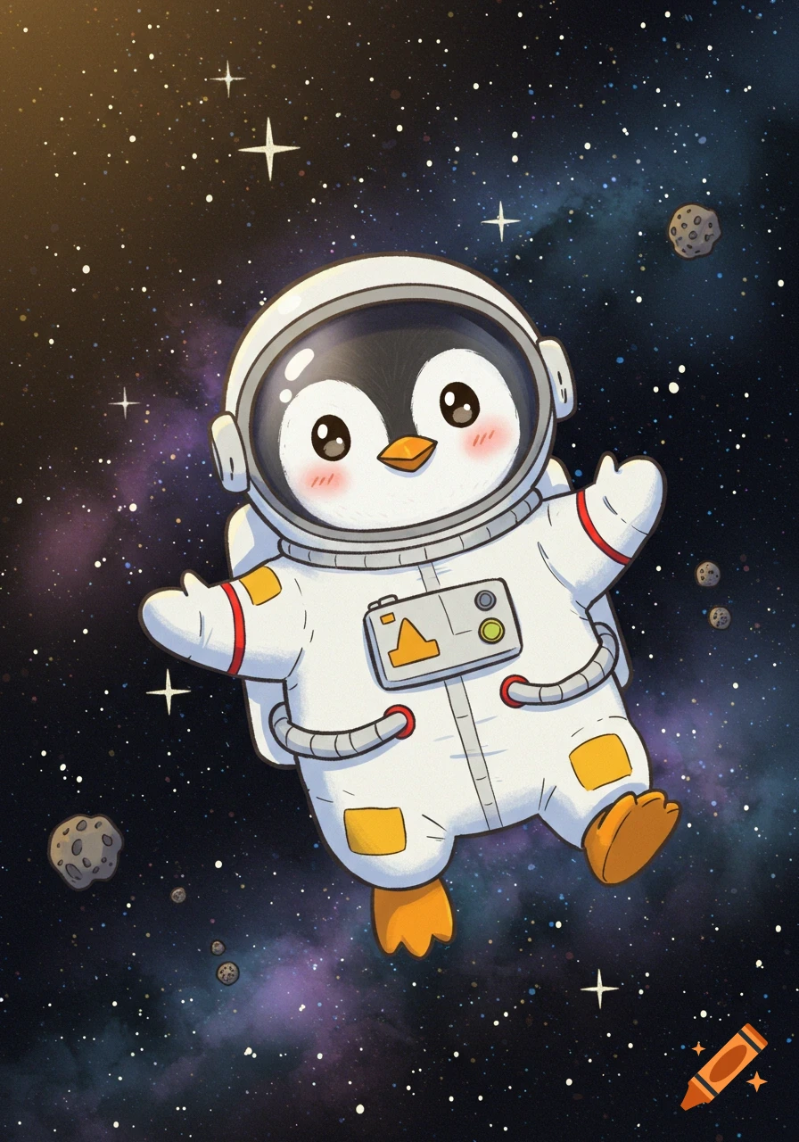 A cute cartoon penguin wearing a white astronaut suit floats in outer space among stars and asteroids.