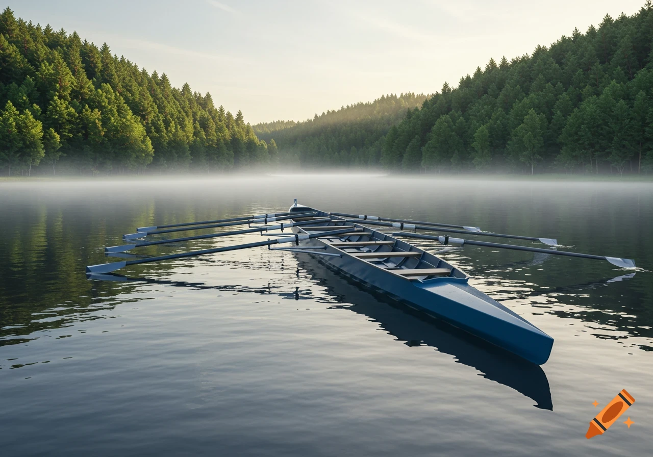A blue eight-oared rowing scull floats on a calm, misty lake surrounded by a dense green forest. Photorealistic.