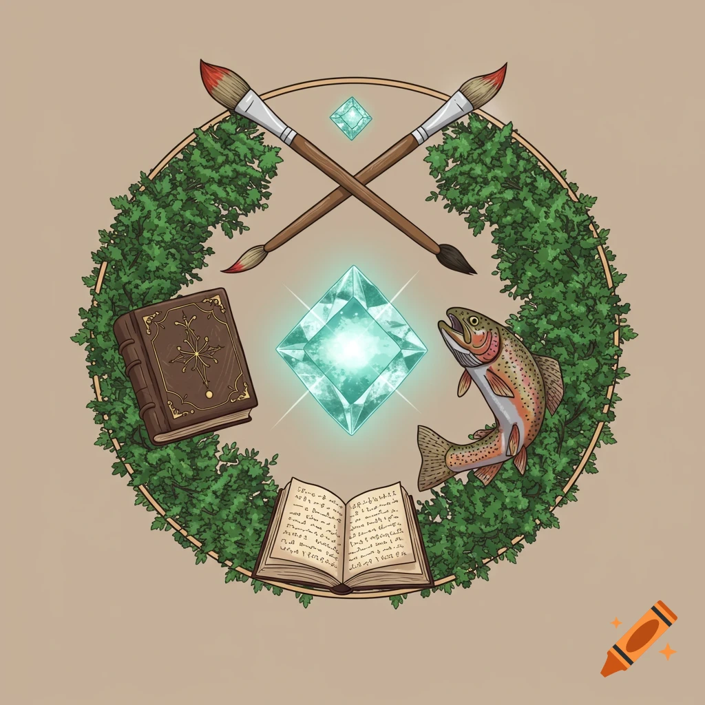A circular sigil featuring crossed paintbrushes, a glowing aquamarine gemstone, old books, a leaping trout, and green foliage.