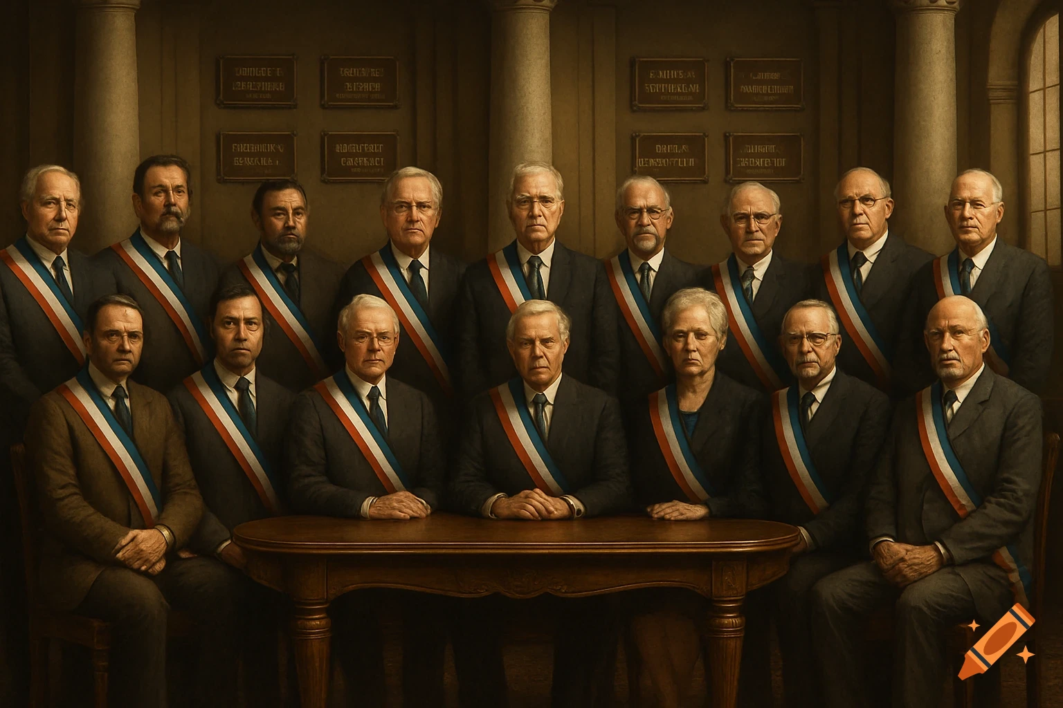 Formal group portrait of fifteen politicians, mostly men, wearing sashes and suits, seated and standing around a table.