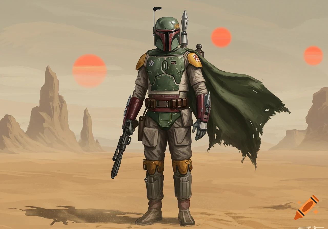 Boba Fett in green Mandalorian armor, holding a rifle, stands in a desert with twin orange suns and rock formations in an illustrative style.