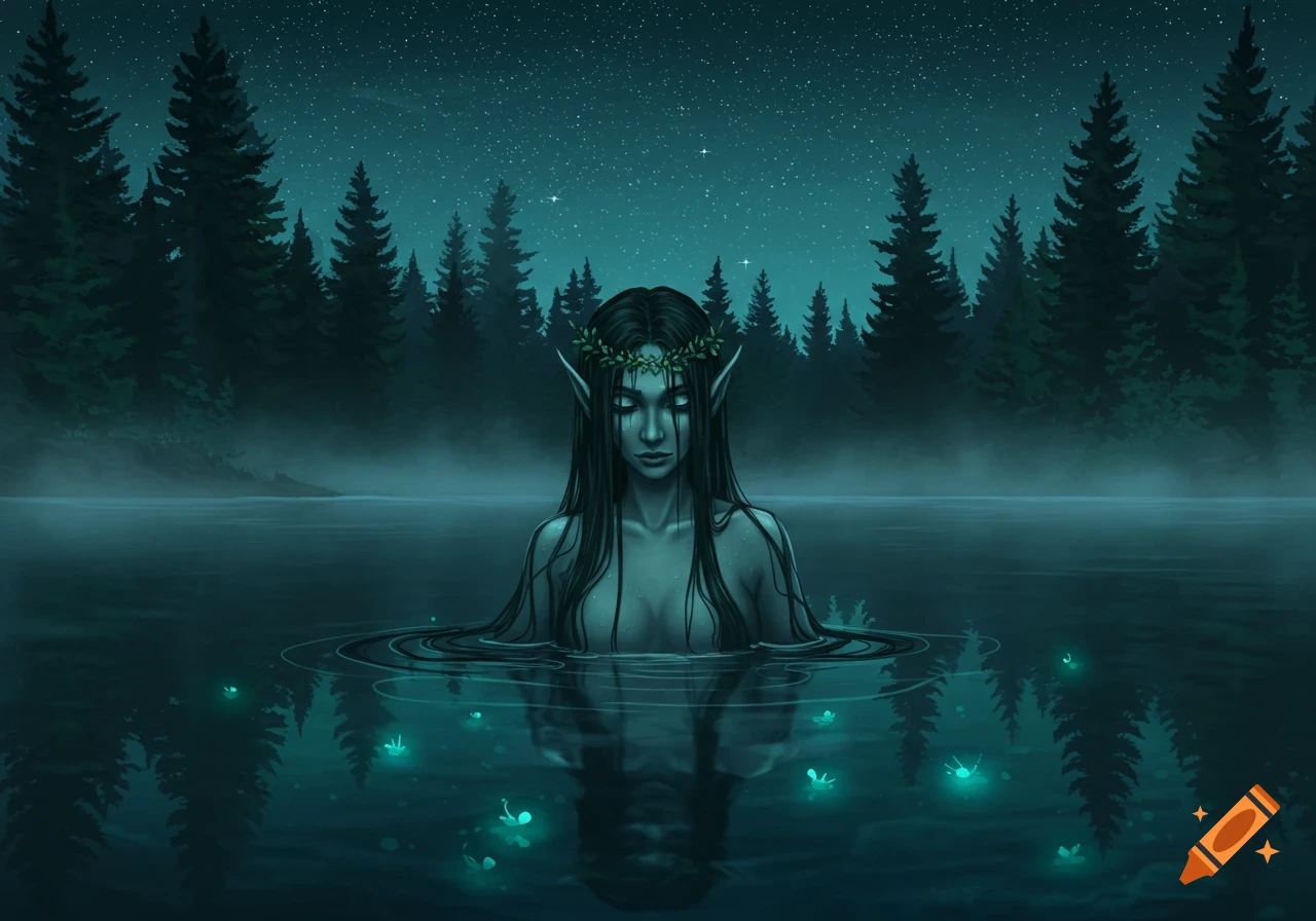 Dark fantasy illustration of a water spirit with pointed ears emerging from a misty lake under a starry night sky.