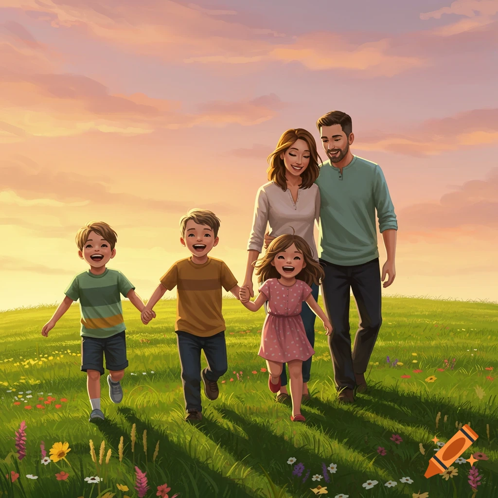 A happy family with three children walks hand-in-hand through a vibrant green field with wildflowers at sunset, in an illustrative style.