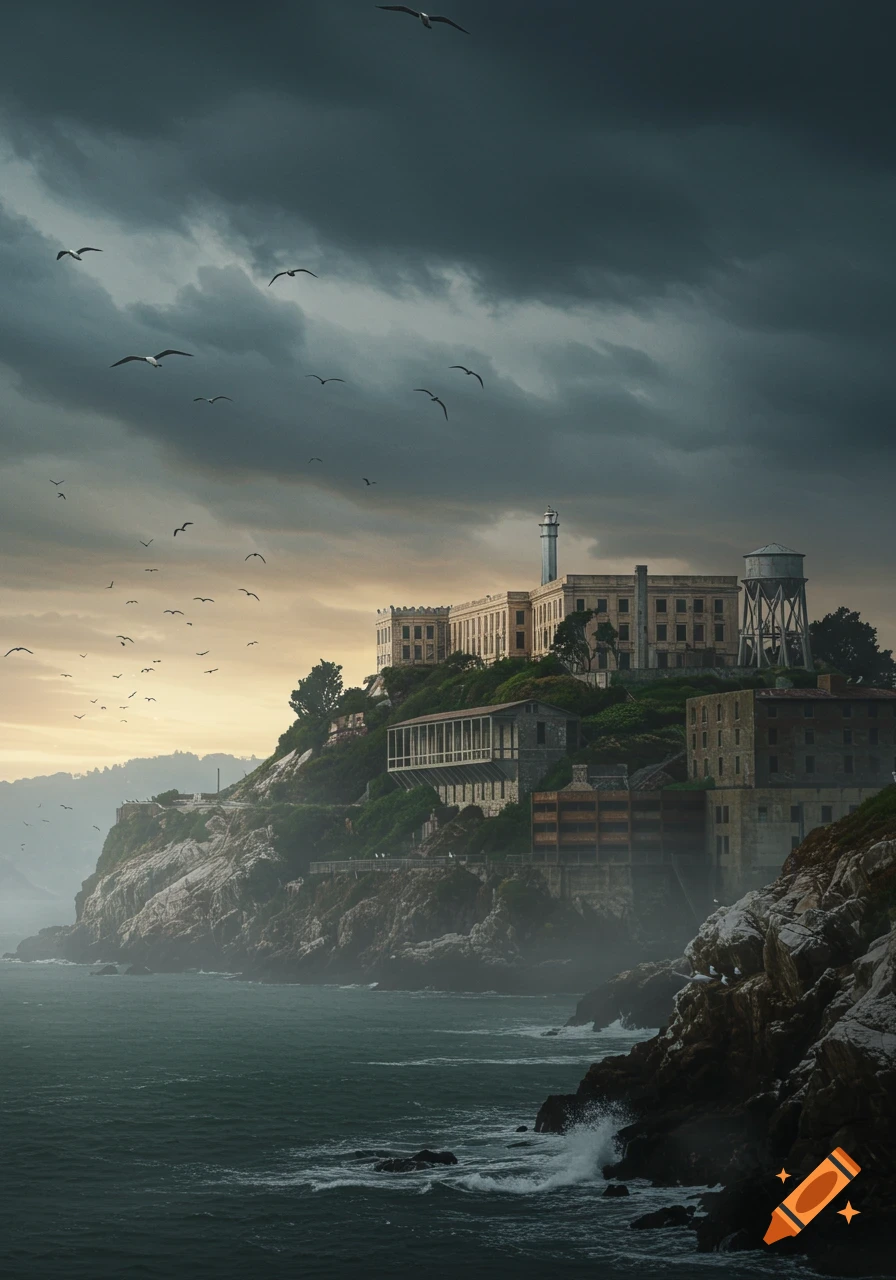 Photorealistic depiction of Alcatraz prison on a rocky island under stormy grey skies with seagulls flying.