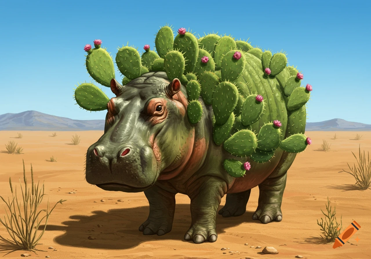 An illustration of a hippopotamus covered in prickly pear cacti with pink flowers, standing in a vast desert landscape under a clear blue sky.