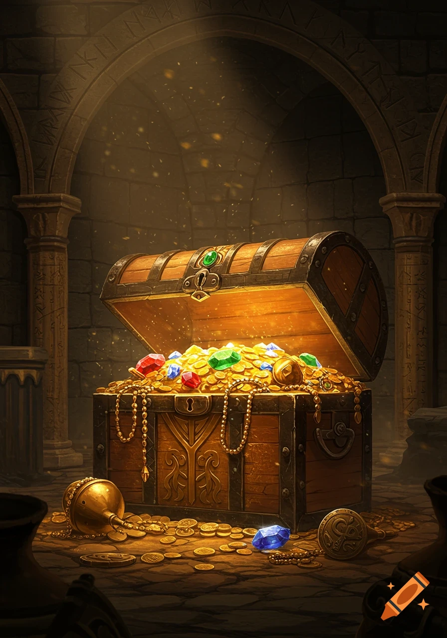 An open, ornate wooden treasure chest overflows with gold coins and colorful jewels, glowing in a dark, ancient stone dungeon with carved pillars.