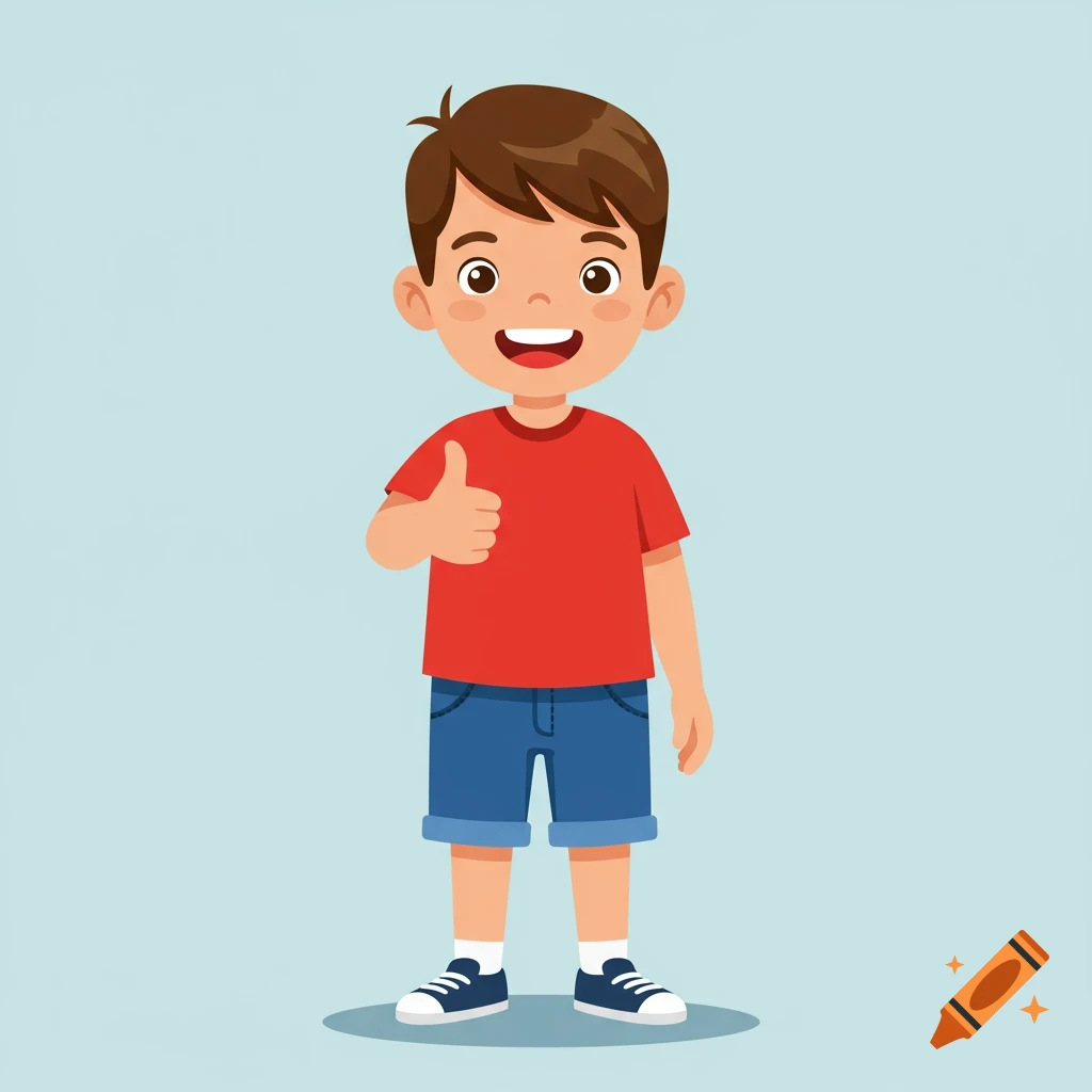 Cartoon boy in a red shirt and blue shorts giving a thumbs up and smiling.