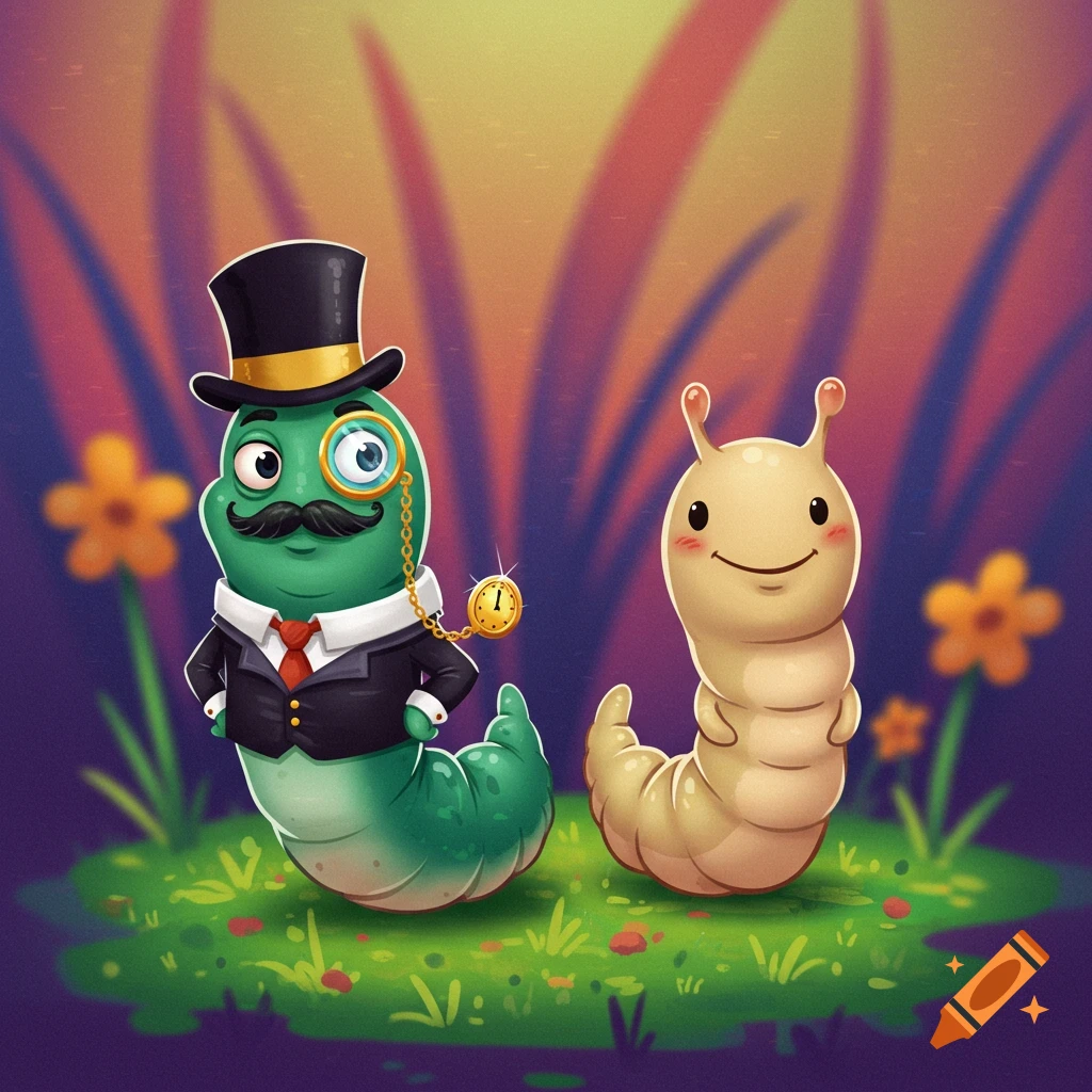 A cartoon illustration of two worms in a colorful field. One worm wears a top hat, suit, and monocle, looking proud. The other is a simple, smiling worm.
