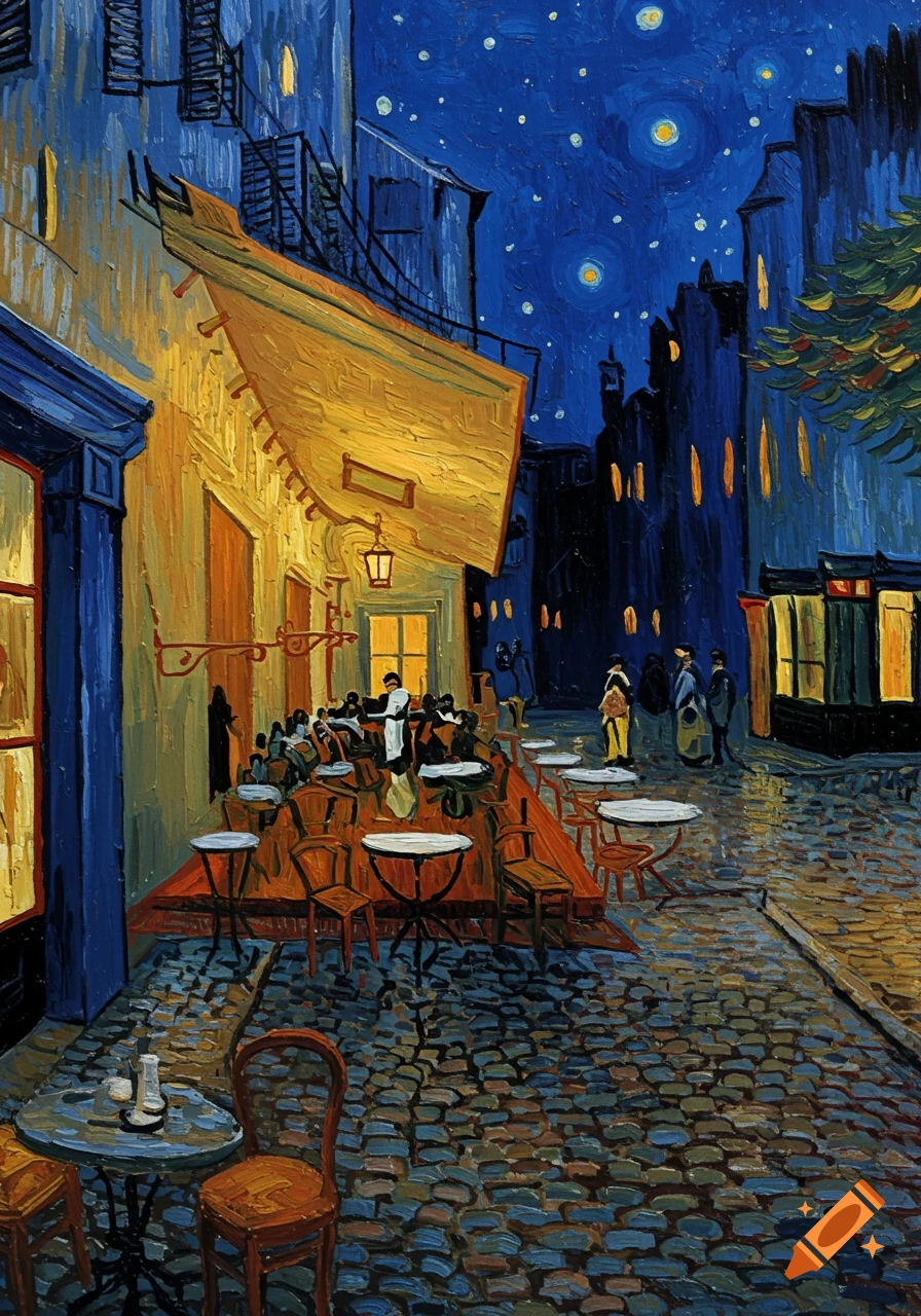 A Van Gogh style painting of a bustling cafe terrace at night, illuminated by golden light under a dark blue, starry sky.