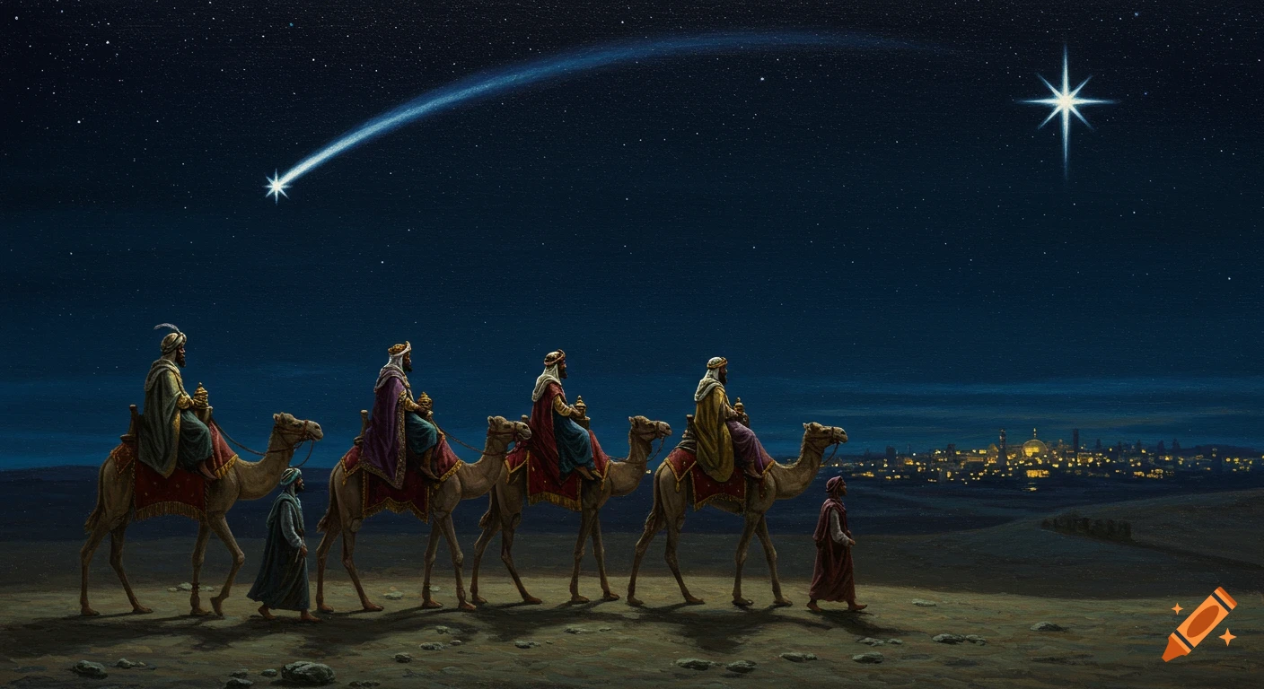 Oil painting of three Magi on camels and two walking figures in a desert at night, following a bright comet toward a city silhouette on the horizon.