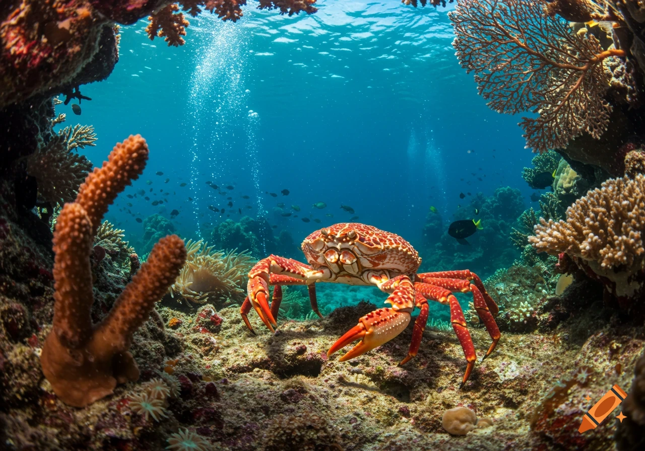 A vibrant red and white crab on a rocky coral reef with small fish in clear blue ocean water.